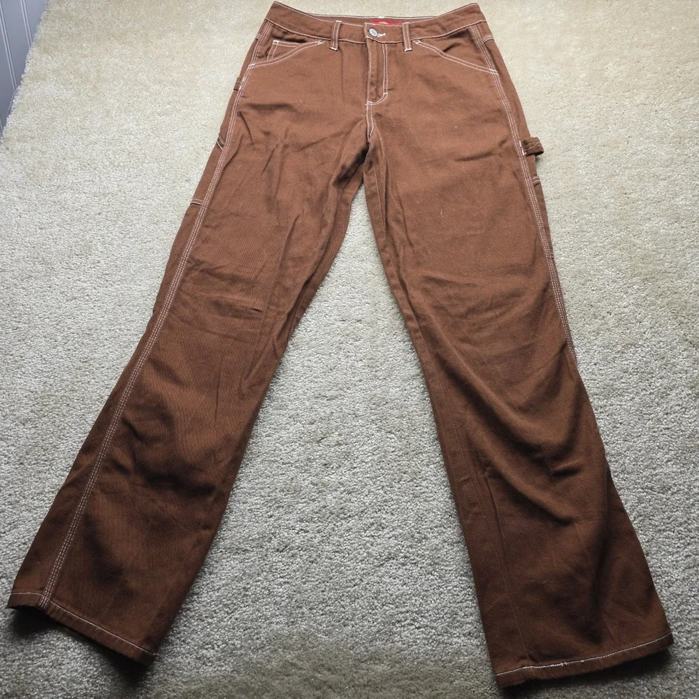 Dickies Brown Carpenter Pants White Contrast Stitch Utility Workwear Size 5/27 - Picture 5 of 11